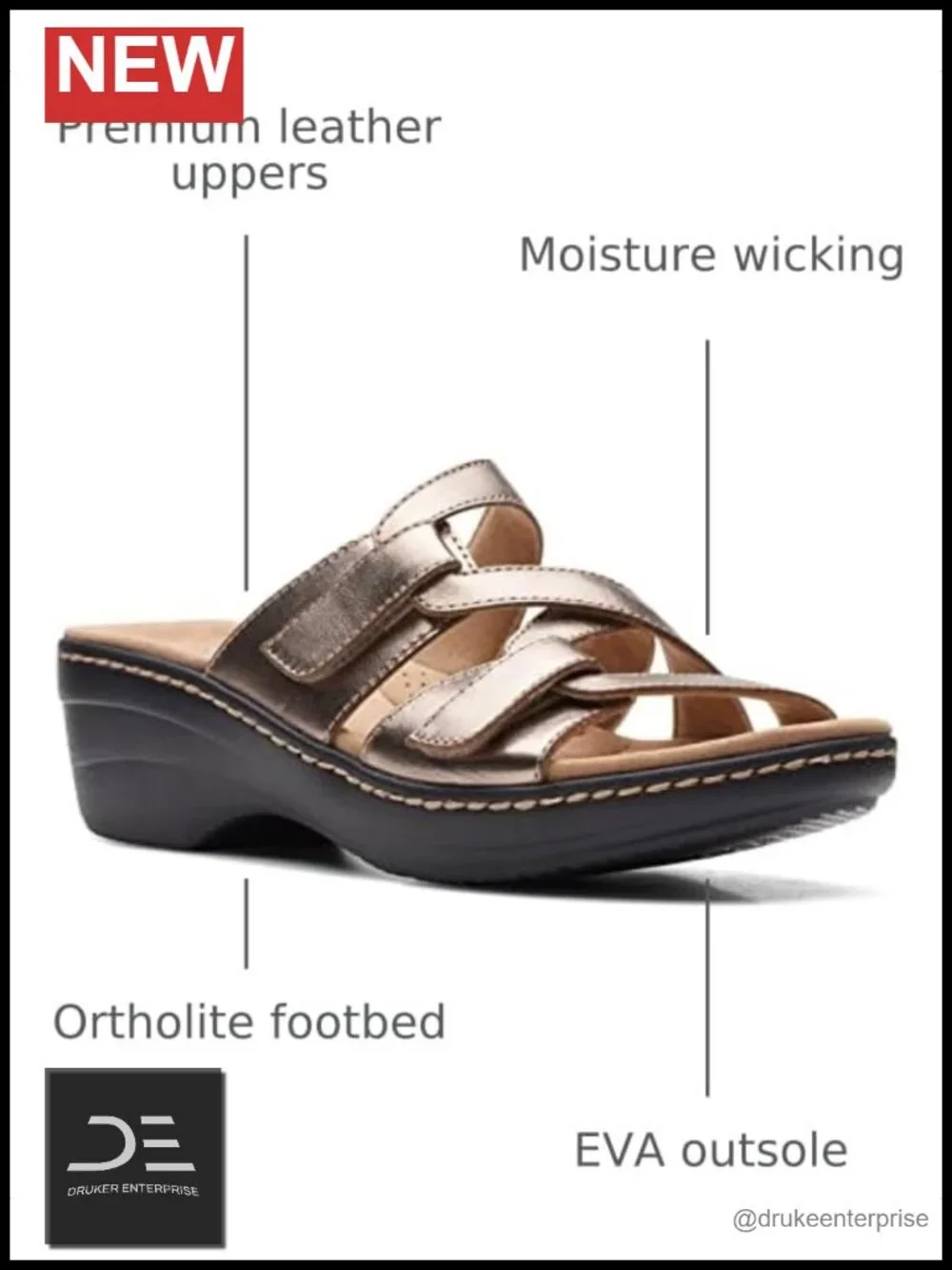 Clarks Women's Wedge Sandals Metallic Leather Open Toe Comfort